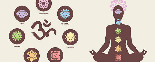 Colorful chakra icon set with om calligraphy and body silhouette doing yoga lotus pose, healthy lifestyle. EPS10 vector.